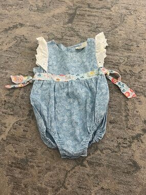 Matilda Jane Light Blue Paisley Romper with Floral Tie Waist